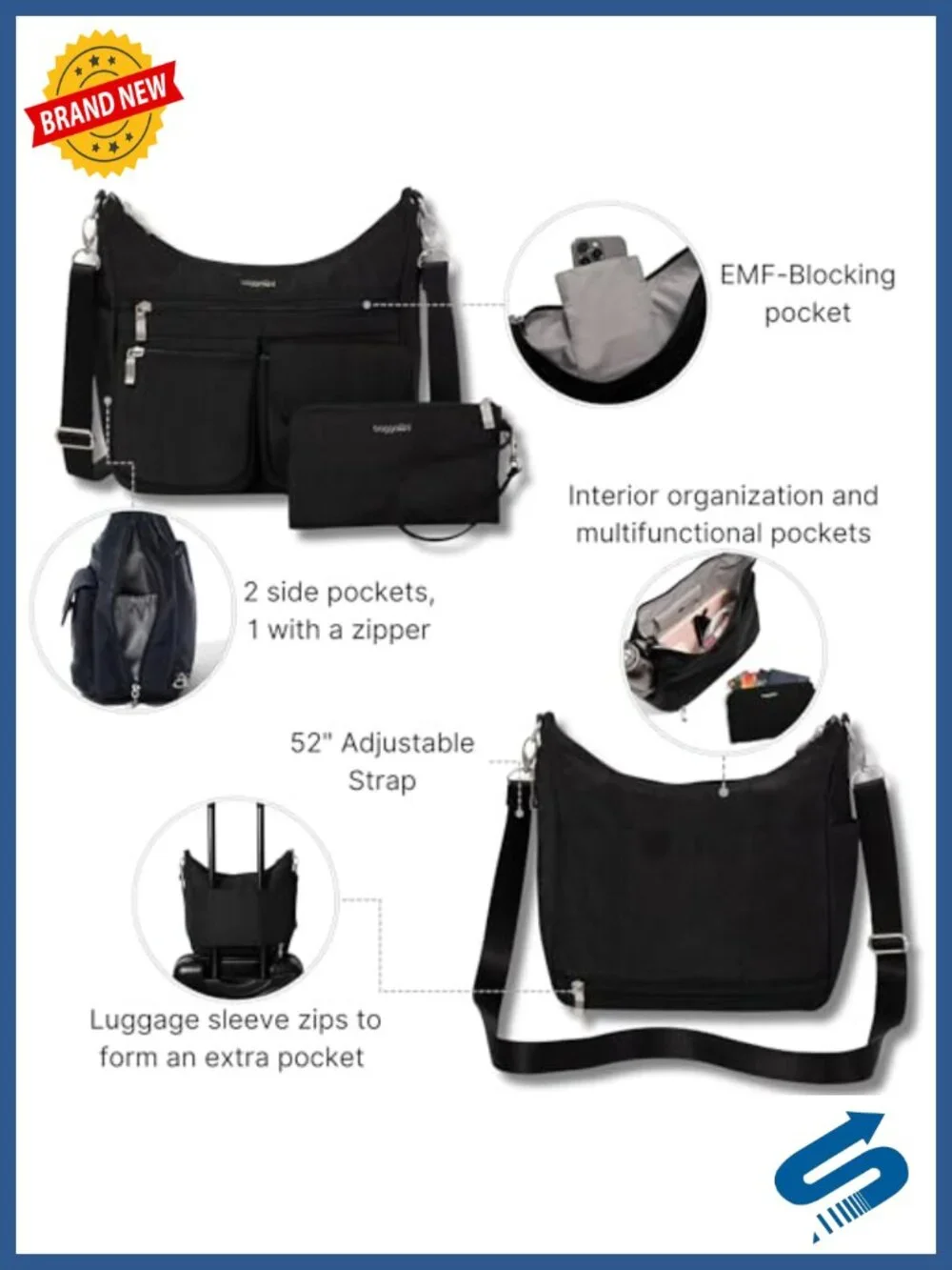 Baggallini Modern Crossbody Hobo EMF Blocking Nylon Travel Purse with RFID